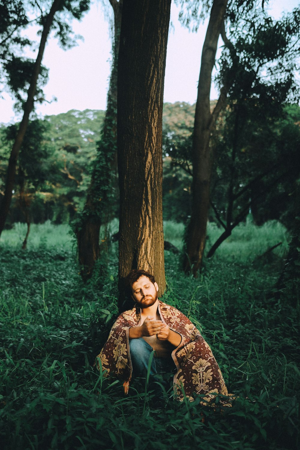 man sitting beside brown tree during daytime