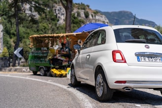 A white Fiat car is parked on a curved road next to a roadside stall selling fruit and other goods. The stall is covered with a bamboo roof and shaded by a blue umbrella. There are crates of lemons and a variety of other items displayed on the stall. In the background, there is a scenic view of trees and rocky hills.
