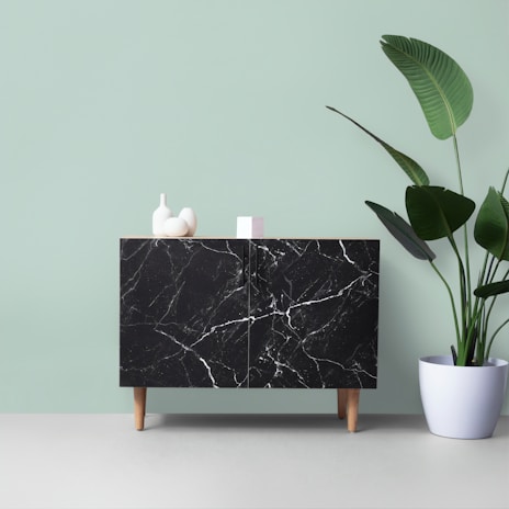 A sleek modern cabinet with a black marble finish and wooden legs is positioned against a light green wall. On top of the cabinet, there are minimalist white ceramic vases. To the right, a large potted plant with broad green leaves in a white pot adds a touch of nature to the scene.
