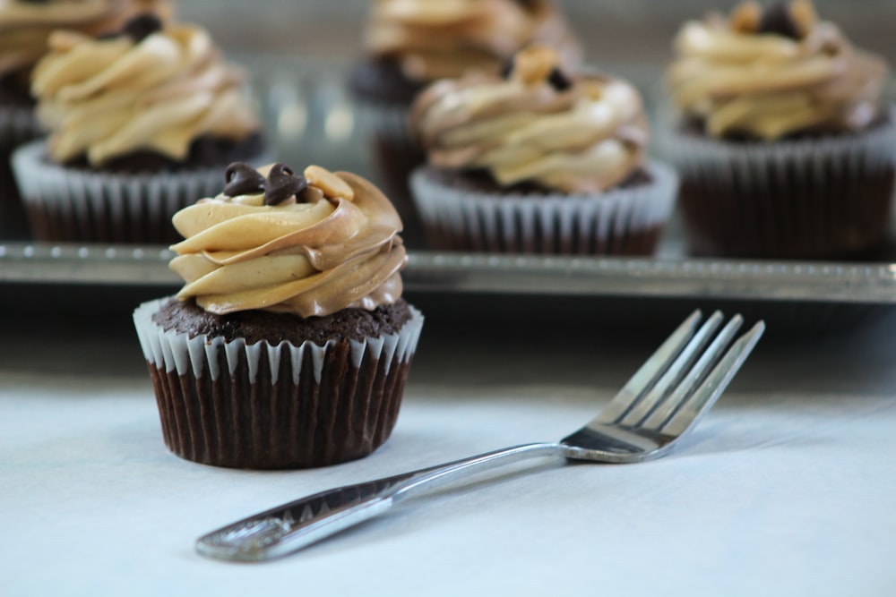 chocolate cupcakes with frosting and chocolate chips on top