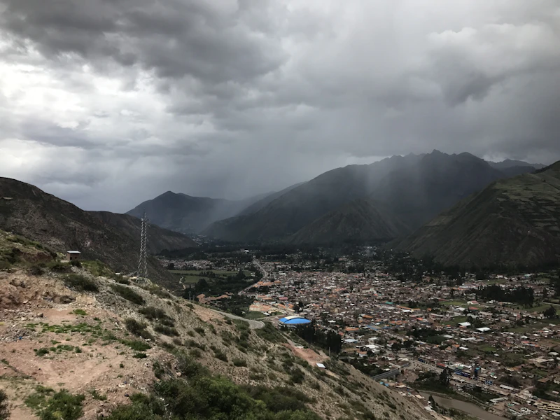 Aerial view of a Sacred Valley town along the Urubamba river