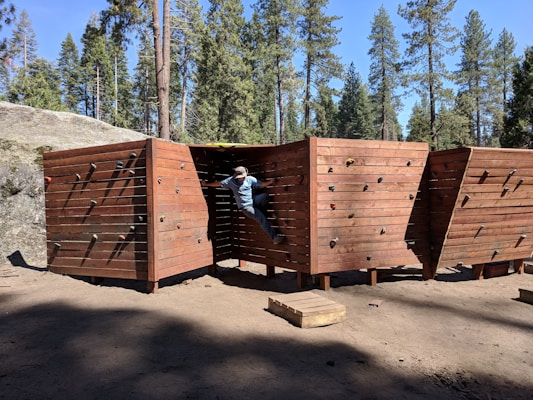 A person is climbing on a wooden bouldering wall outdoors, surrounded by tall pine trees. The structure is made of wooden panels with climbing holds attached. Sunlight creates shadows on the ground, and the area is covered with dirt.