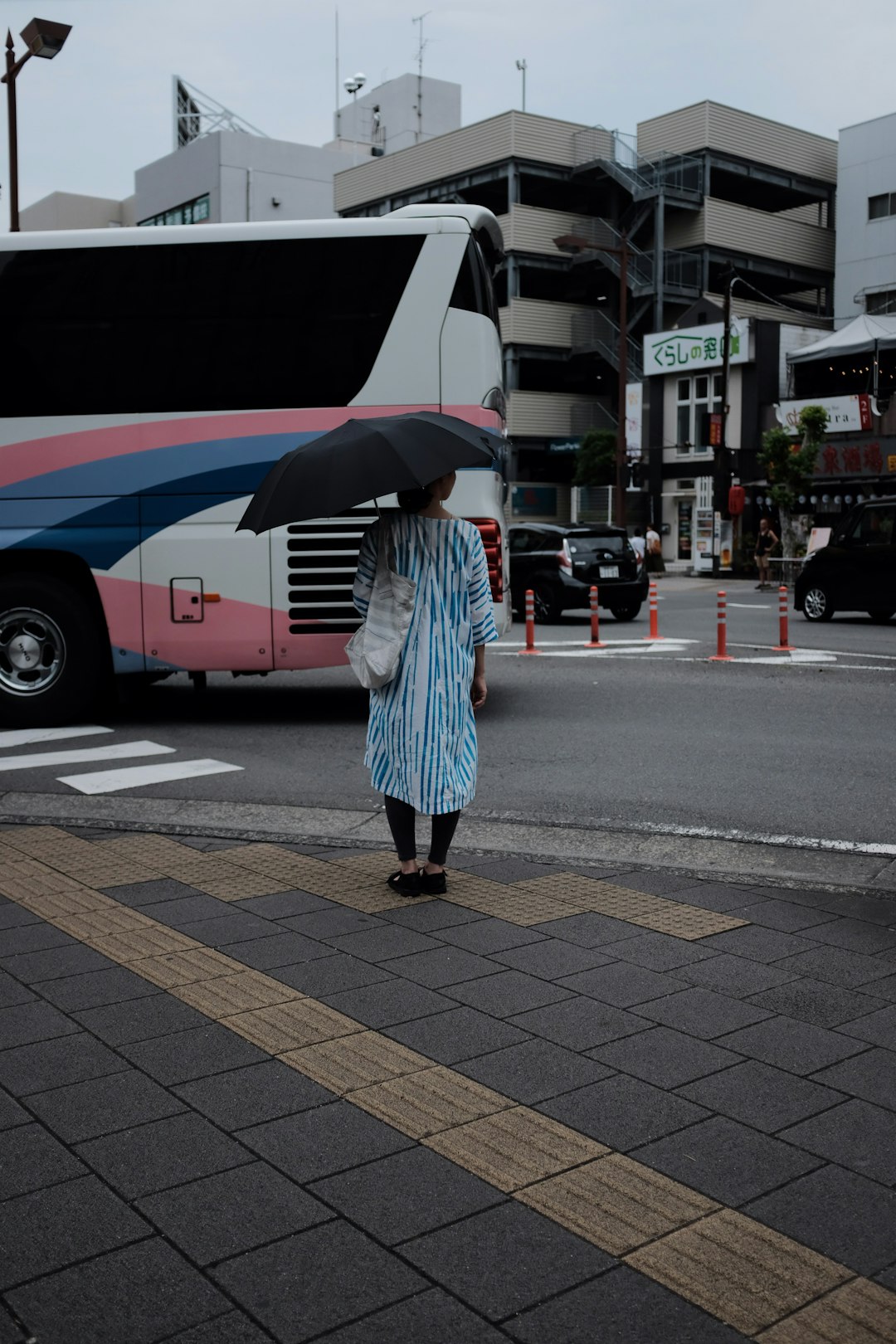 woman in blue dress holding black umbrella