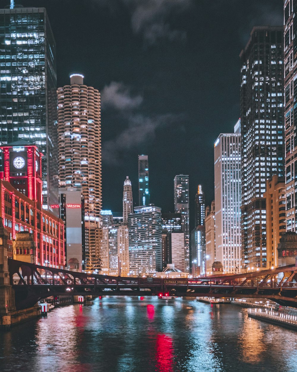 lighted buildings at night