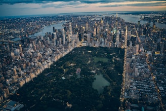A vibrant aerial view of a city park seamlessly integrated with surrounding skyscrapers at sunset.