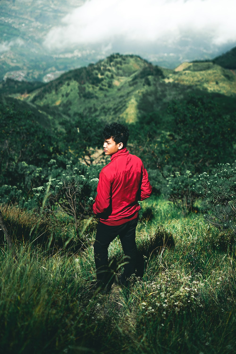 man wearing red jacket standing across green mountain