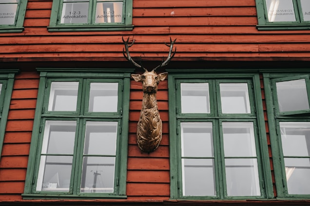 A wooden building facade features green-framed windows and reddish-brown wooden panels. A decorative golden deer head with antlers is mounted between the windows.