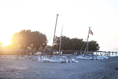 Sunset view from a Lagoon catamaran anchored near a Caribbean island with palm trees.