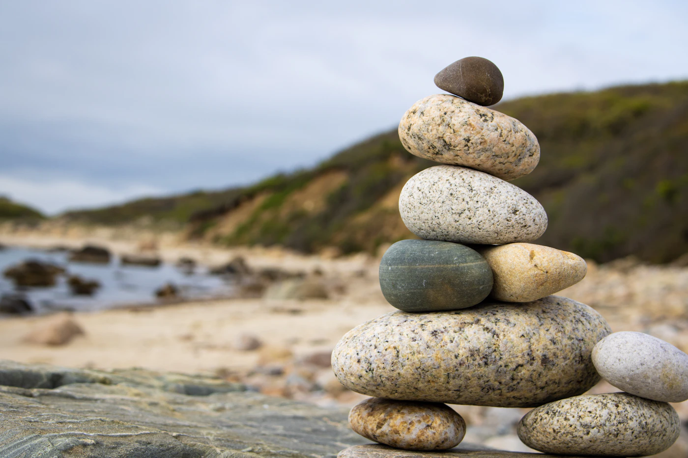 Balanced stones on a beach