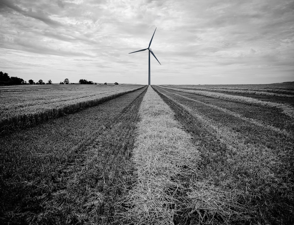 grayscale photo of windmill