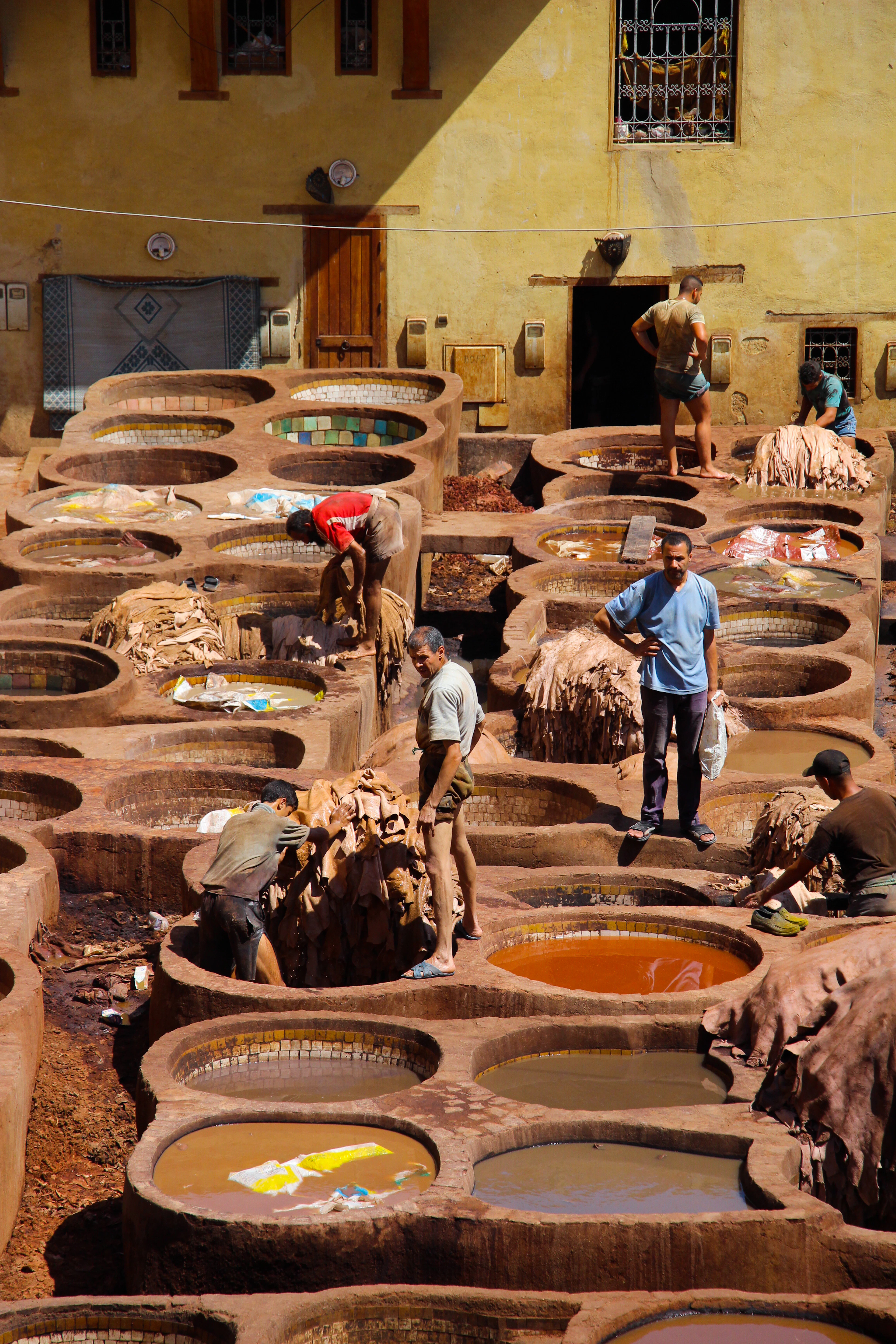 Workers among the colorful dye pits of the Chouara Tannery in Fes