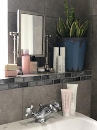 A bathroom shelf holding various skincare products, including bottles and tubes labeled with text like 'JAPANFUSION' and 'RETINOL'. A metal-framed mirror stands beside a potted green plant in a blue ceramic pot. The sink below features a chrome faucet with vintage-style handles, and a bar of soap is placed beside the skincare items.
