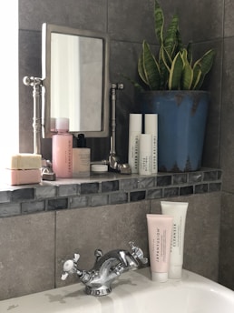 A bathroom shelf holding various skincare products, including bottles and tubes labeled with text like 'JAPANFUSION' and 'RETINOL'. A metal-framed mirror stands beside a potted green plant in a blue ceramic pot. The sink below features a chrome faucet with vintage-style handles, and a bar of soap is placed beside the skincare items.