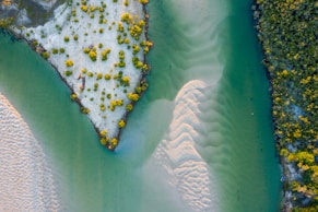 an aerial view of a river and a beach
