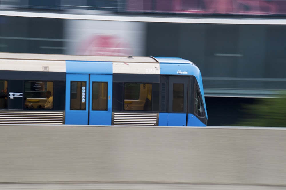 blue and white bus