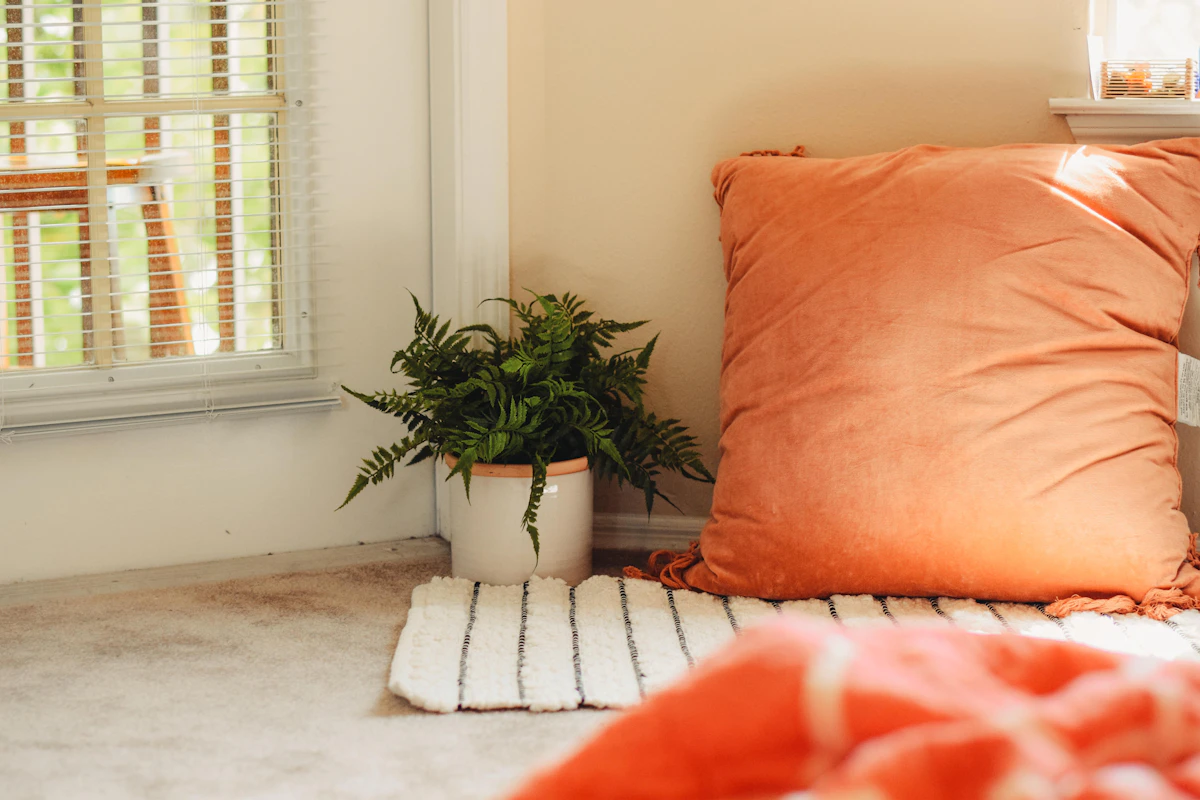 Cozy apartment floor nook with large terracotta pillows, small rug and fern plant by a sunny window