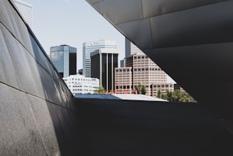 Sleek black metal frame reflecting the urban night skyline