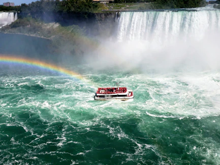 people on boat near falls
