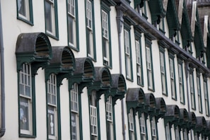 A row of historic buildings with green and white window frames and decorative awnings. Each window features a distinct architectural design with arched tops and ornate details. The storefronts below appear to house antique shops, as indicated by signage.