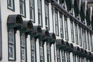 A row of historic buildings with green and white window frames and decorative awnings. Each window features a distinct architectural design with arched tops and ornate details. The storefronts below appear to house antique shops, as indicated by signage.