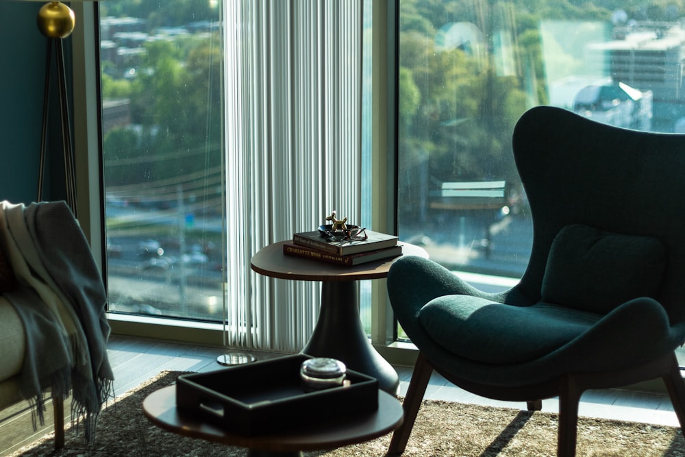 a living room with a view of the city