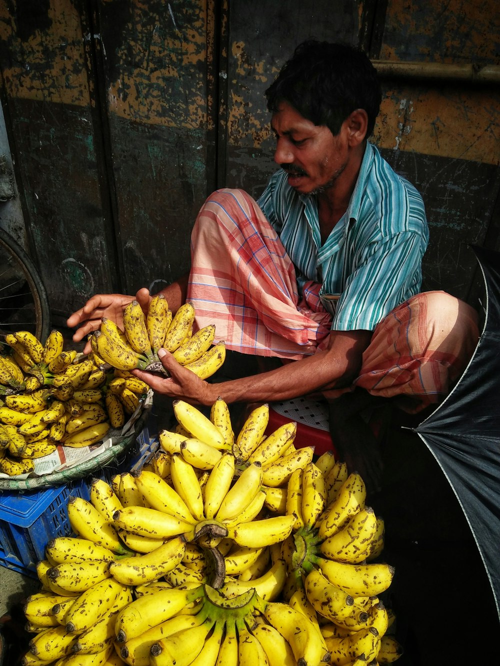 man holding bunch of bananas