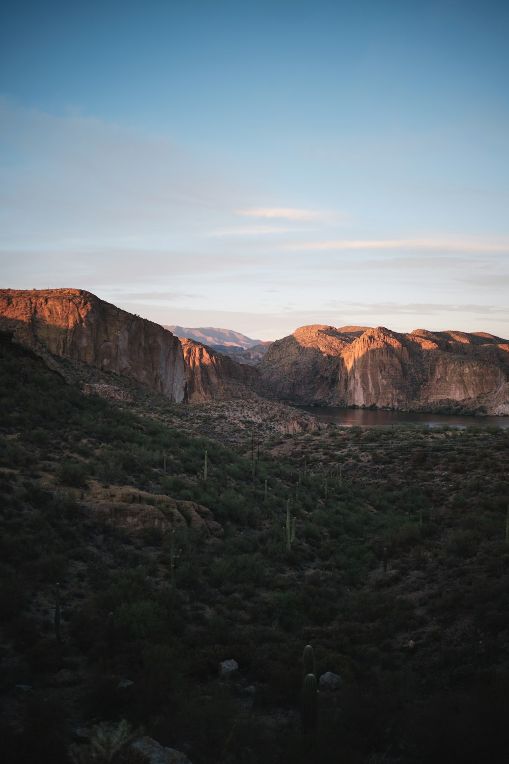 a view of a valley with mountains in the background