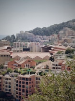 A hilly landscape with densely packed, colorful buildings ranging from light pink to beige. In the background, a lush green hill covered with trees and more structures blends into the landscape. The architecture features a mix of modern and traditional styles with rooftop terraces and balconies.