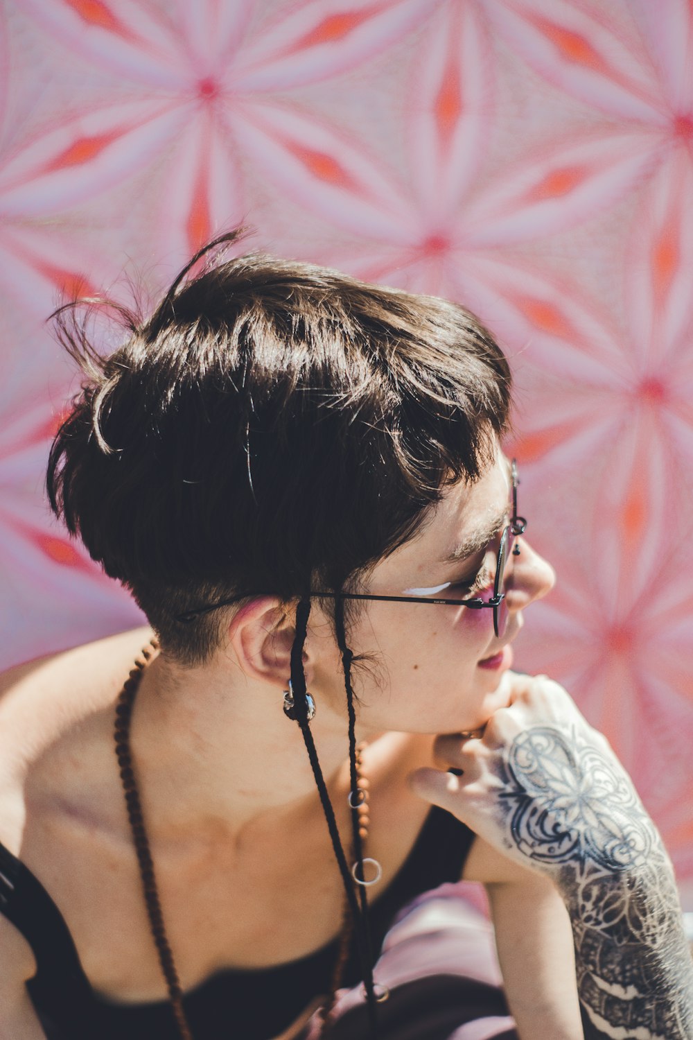 woman wears black framed sunglasses close-up photography