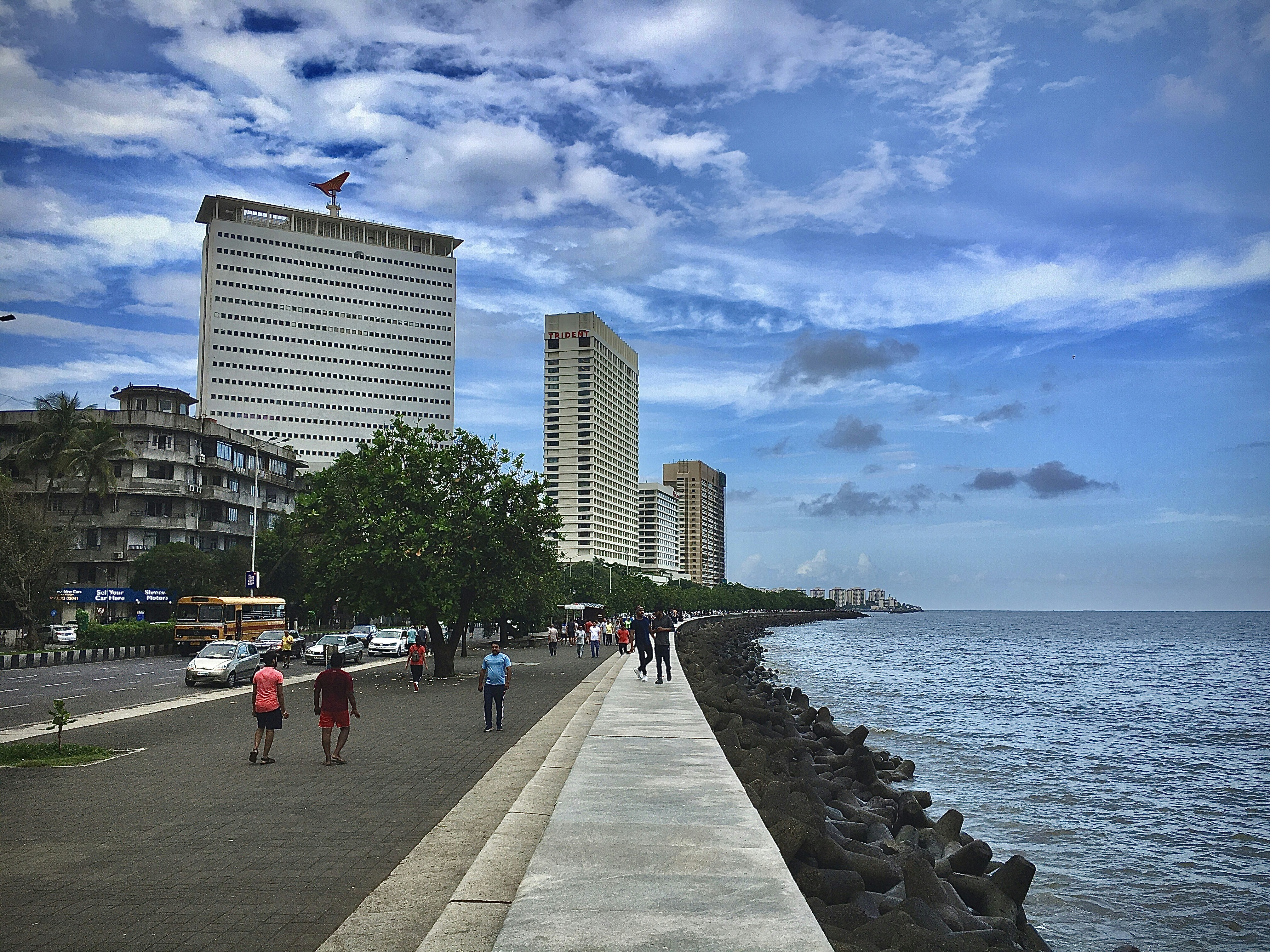 people walking on side walk beside beach