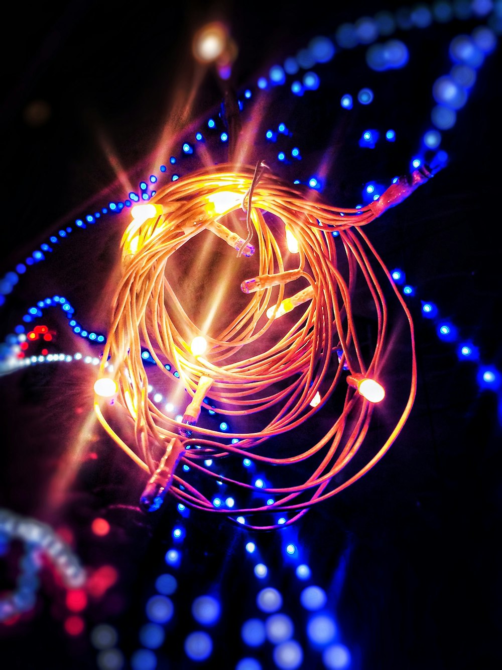 lighted string lights at night