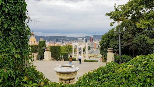two person standing on pathway viewing city with high-rise buildings under white skies during daytime in Park Güell Spain