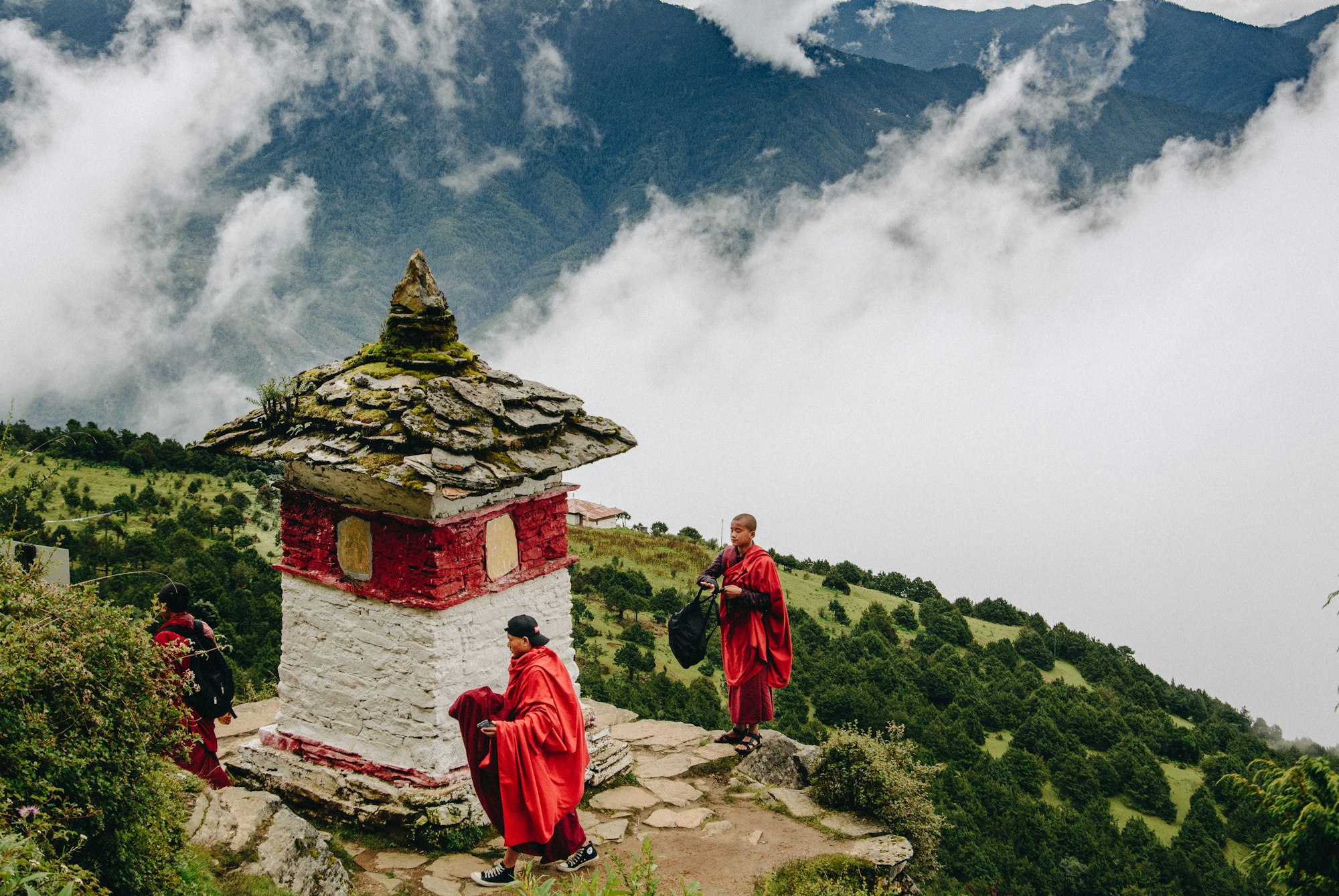 Young teenage monks at the Thujidrag Gompa in Thimphu, Bhutan. Thudidrag Gompa is near the Phajoding Monastery - approximately 4000m above sea level. 