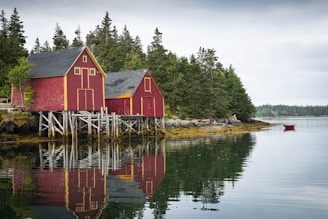 two red houses beside lake