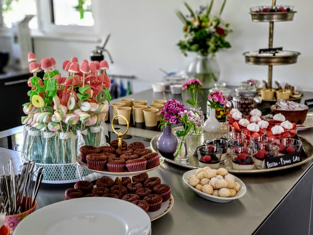 cooked pastries on grey table