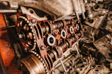 Detailed shot of an engine timing belt and gears arranged neatly on a white surface.