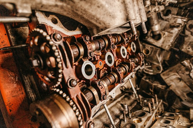 An intricate view of a disassembled engine, highlighting the complex arrangement of gears and mechanical components. The focus is on the camshaft and timing gears, with visible metal surfaces showing wear and grime from usage.