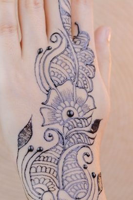 A hand adorned with intricate henna designs featuring floral and paisley motifs. The design is detailed with curved lines and dot accents, creating an elegant and artistic look.