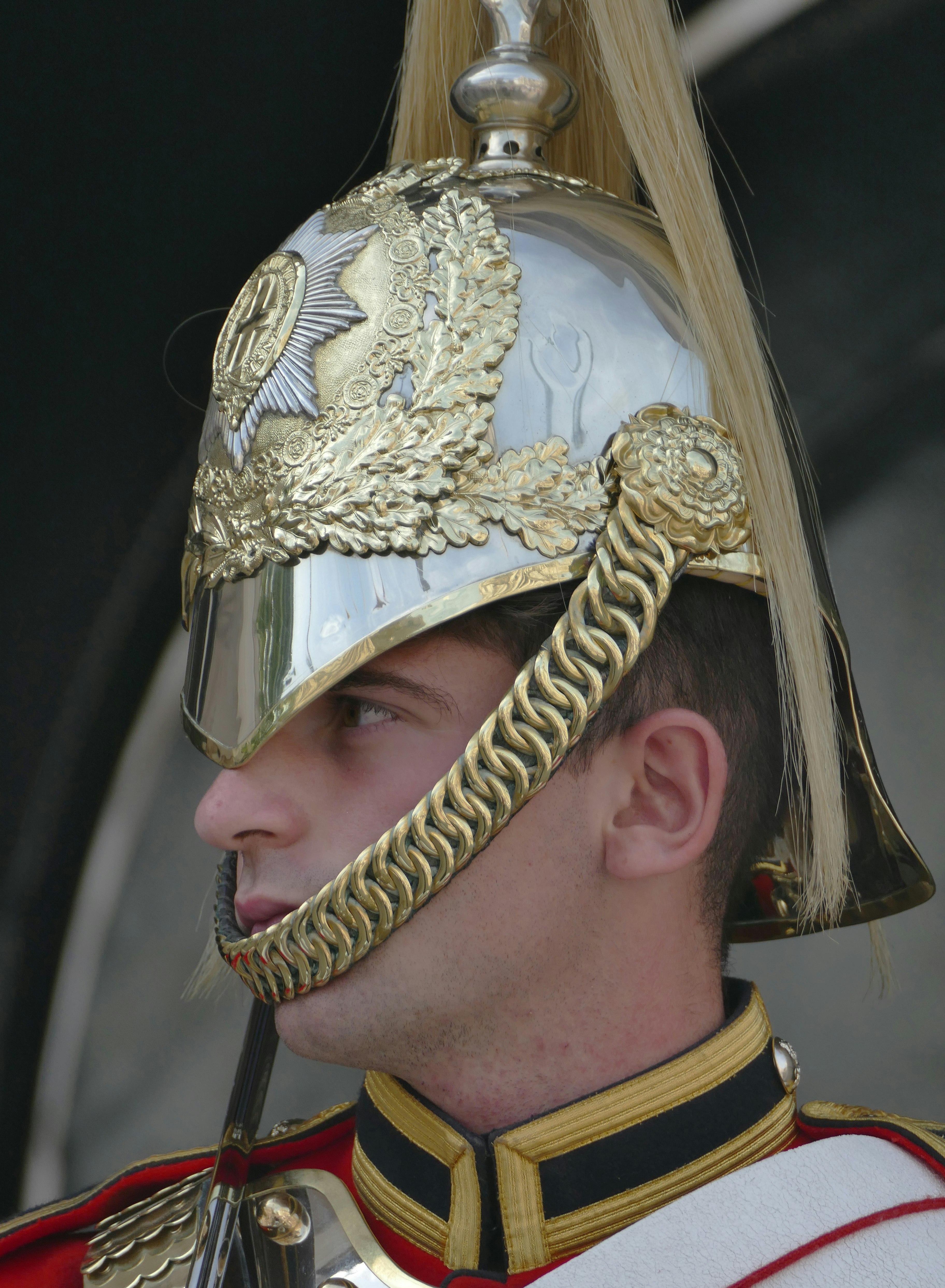 man wearing gold and silver helmet