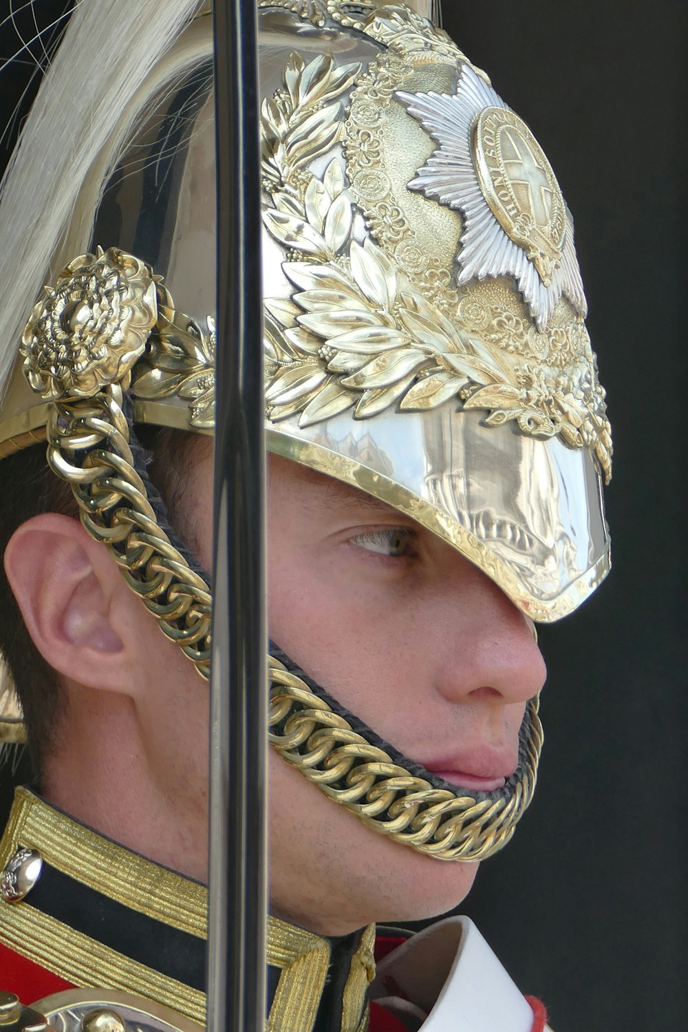 man wearing gold-colored warrior helmet