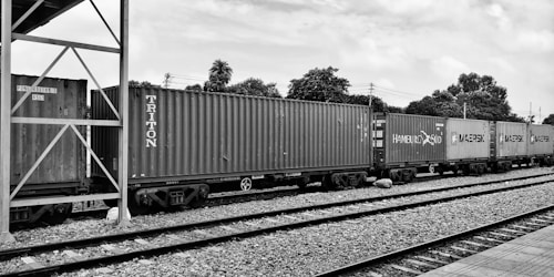 A set of freight train cars carrying shipping containers is stationed on railway tracks. The scene includes several branded containers, featuring names like Triton, Hamburg Sud, and Maersk. The background consists of trees and utility poles under a partially cloudy sky. The setting appears to be an open railway yard or station.