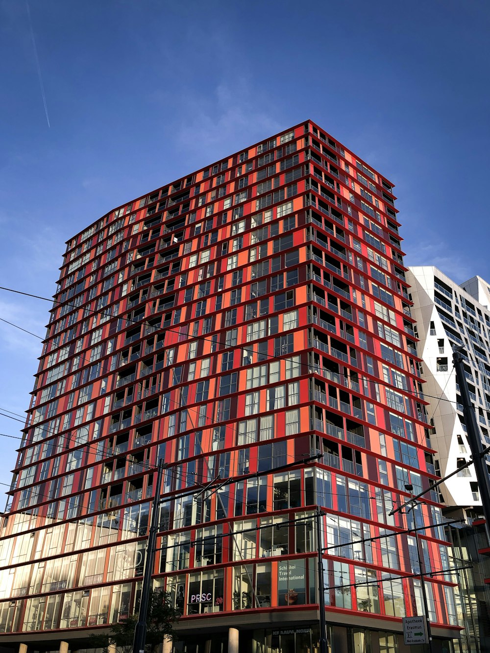 architectural photo of black and red concrete building