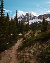 Mountain trail winding through green forests under a bright blue sky