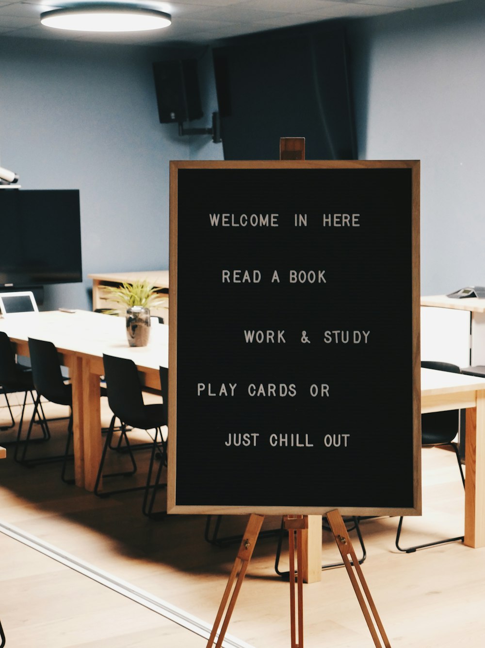 Welcome In Here Read A Book Work & Study Play Cards or Just Chill Out wooden sign