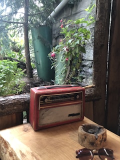 A vintage red radio sits on a wooden table next to a rustic ashtray and sunglasses. In the background, vibrant green plants with pink flowers climb against a stone wall, adding a natural and nostalgic atmosphere.