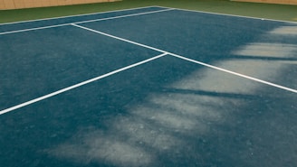 A tennis ball court with blue flooring