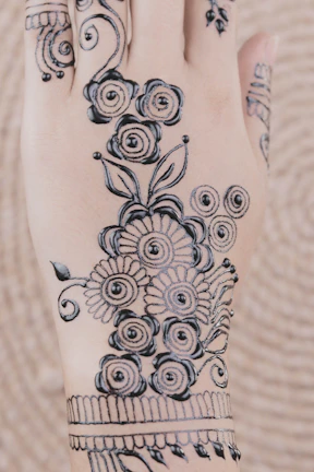 Intricate mehendi design on bride's hands showcasing fine, symmetrical patterns.