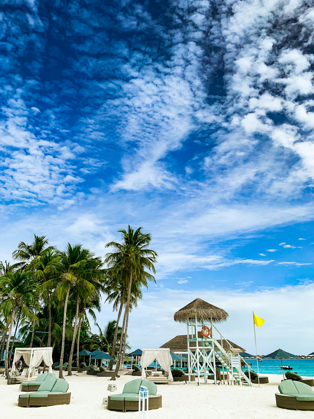 a sandy beach with lounge chairs and palm trees