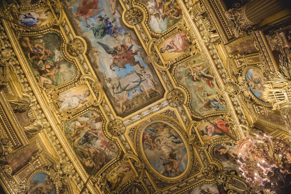 low-angle photo of church art ceiling