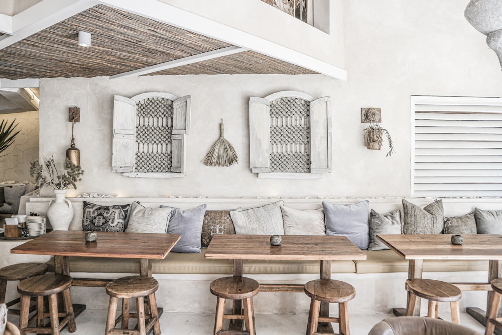 a restaurant with wooden tables and stools